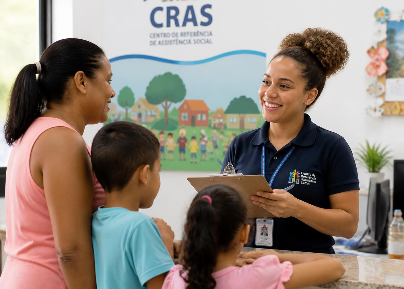 Mãe com filhos sendo orientada em atendimento social